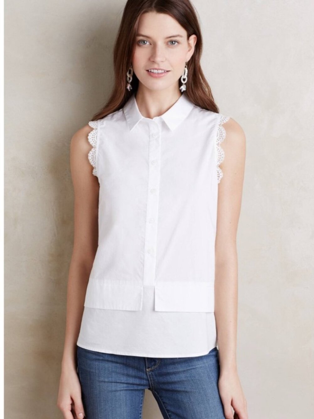 NWT Anthropologie: Sleeveless White Poplin Top w/ Lace Trim